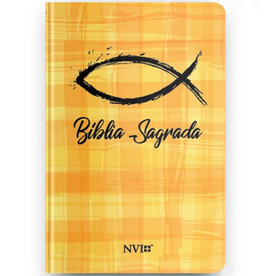 Bíblia Sagrada NVI capa dura amarela com estampa xadrez, símbolo ictus e título em preto. — Plenitude