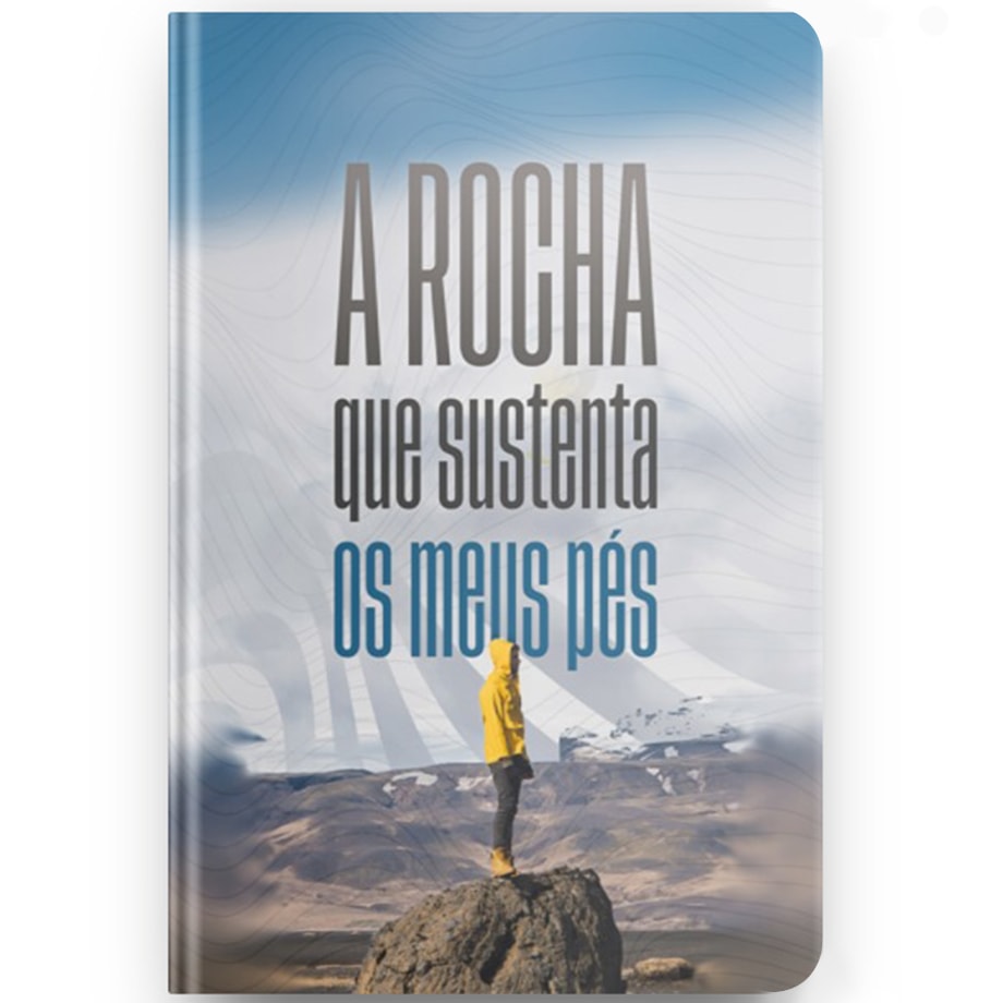 Capa de Bíblia Sagrada A Rocha que Sustenta, NVT, com pessoa em rocha e céu azul. — Plenitude