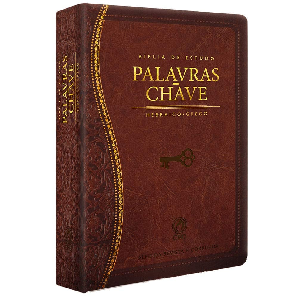 Bíblia de Estudo Palavras Chave ARC, capa marrom com detalhes dourados e ilustração de chaves. — Plenitude