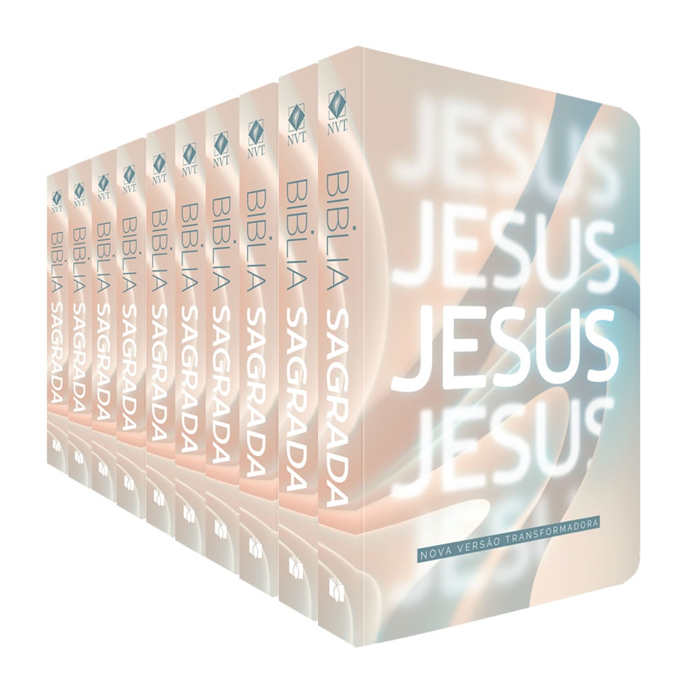 Kit de 10 Bíblias Sagradas NVT Jesus, com capas duras em tons de pêssego e branco, com a palavra 'Jesus' em destaque. — Plenitude