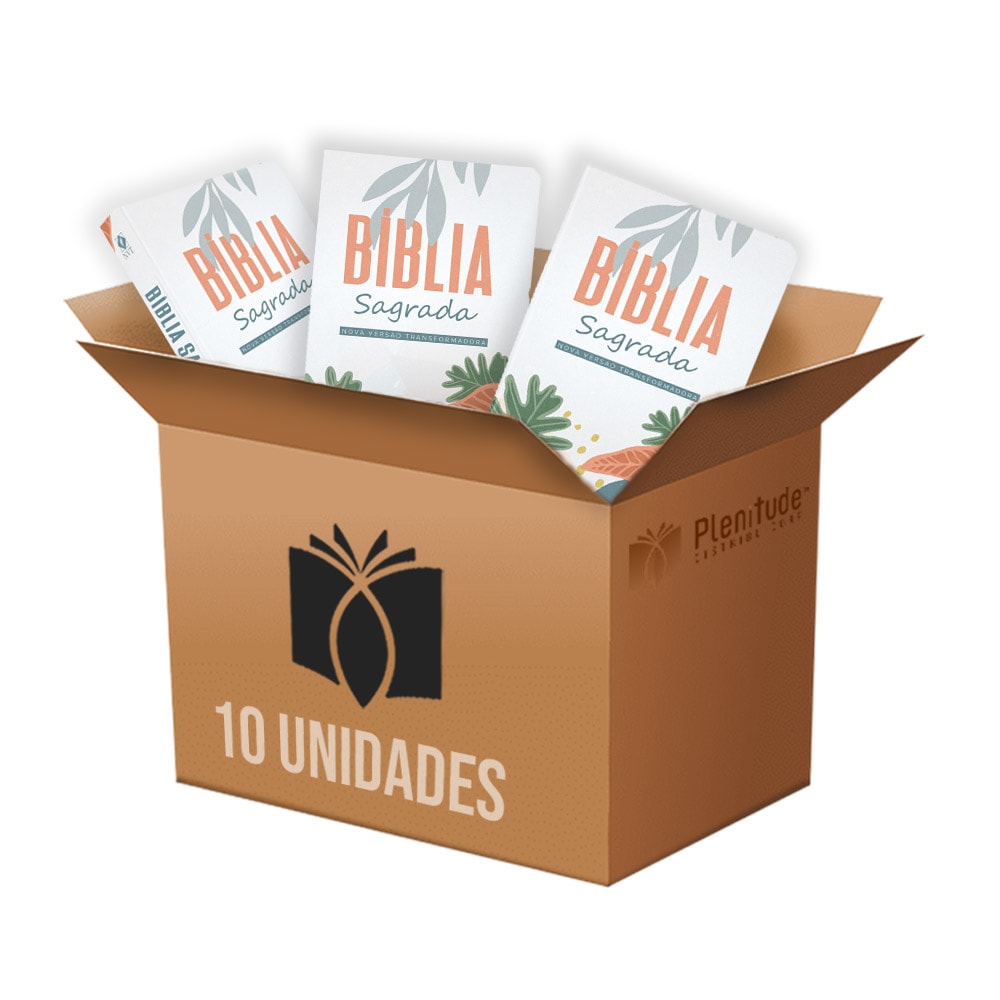 Caixa com 10 Bíblias Sagradas NVT Feminina Flores, com capas brancas e ilustrações de folhas e flores coloridas. — Plenitude