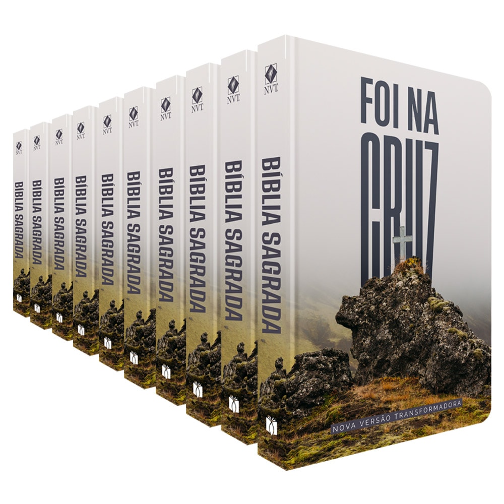 Kit de 10 Bíblias Sagradas NVT Foi na Cruz, com capas duras brancas e cinzas, mostrando uma cruz em uma paisagem rochosa. — Plenitude