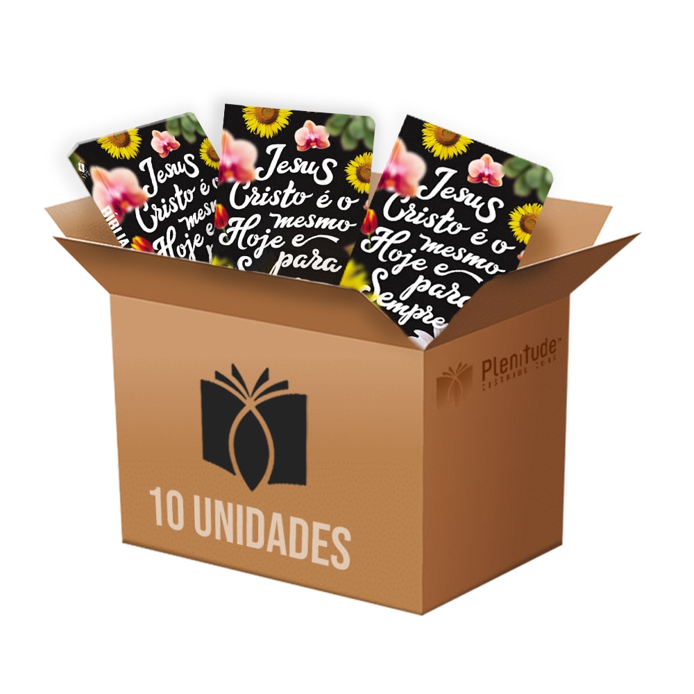 Caixa com 10 Bíblias Sagradas NVT Jesus Cristo É, com capas pretas e ilustrações de girassóis e orquídeas. — Plenitude