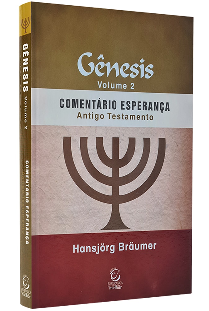 Livro Gênesis Vol. 2 Comentário Esperança, capa marrom e vermelha com uma menorá dourada. — Plenitude