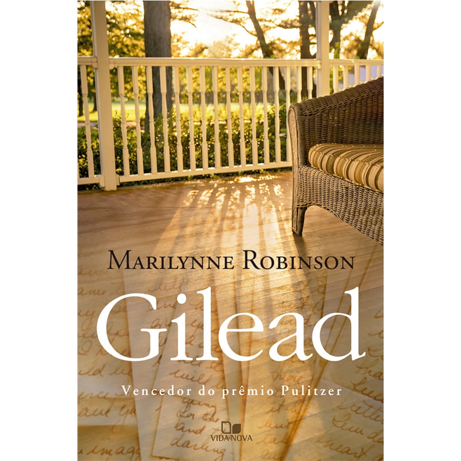 Livro Gilead, com capa colorida e detalhes em branco, exibindo a lateral e a capa frontal. — Plenitude