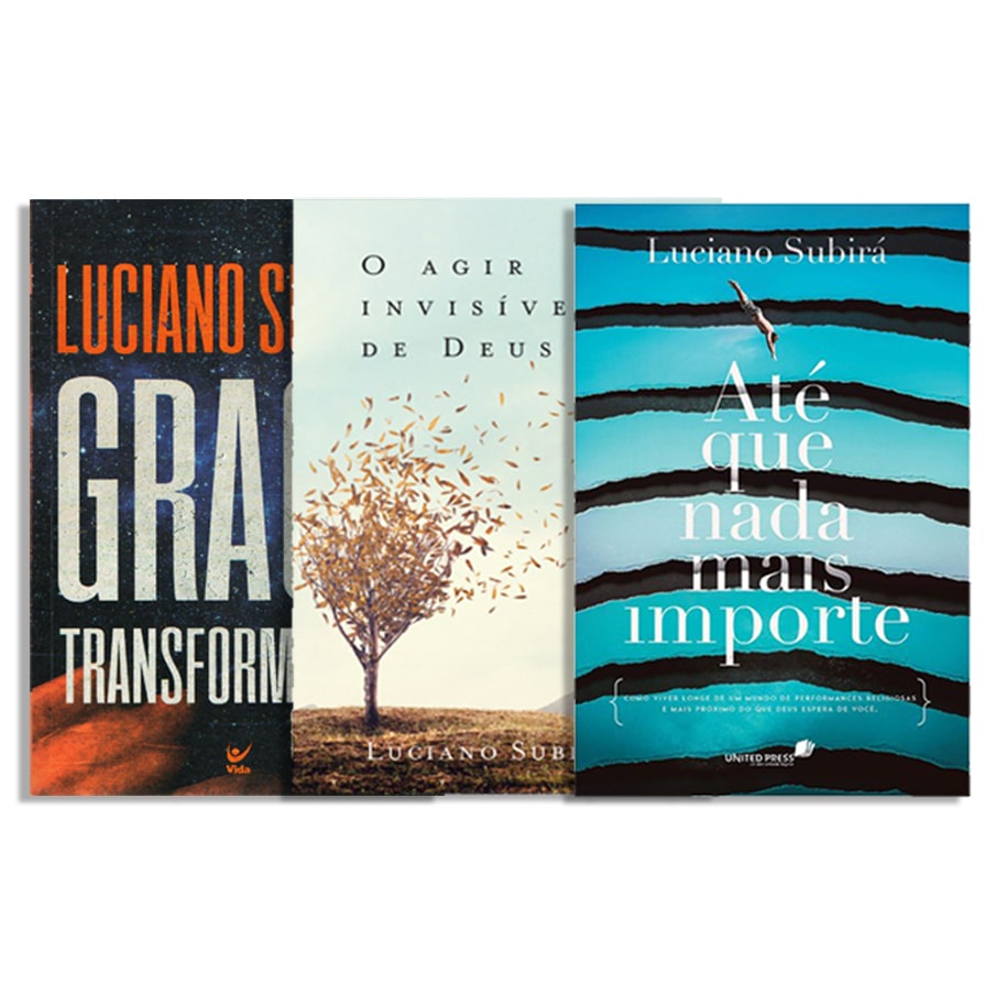 Kit Luciano Subirá com três livros de capa comum: 'Graça Transformadora', 'O Agir Invisível de Deus' e 'Até que Nada Mais Importe'. — Plenitude