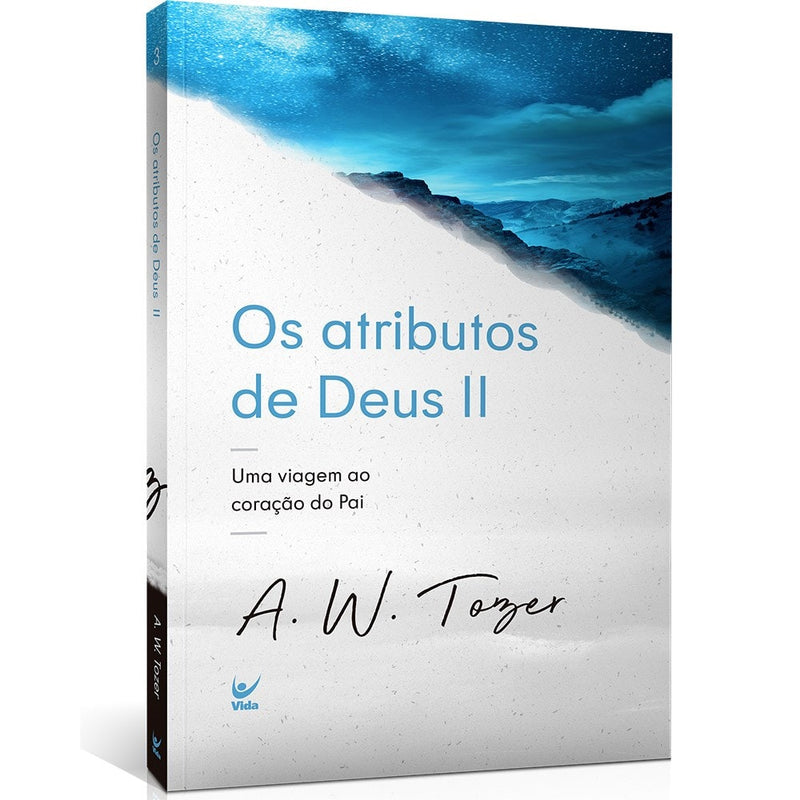 Livro Os Atributos de Deus Vol. 2 de A. W. Tozer, capa branca e azul com montanhas. — Plenitude