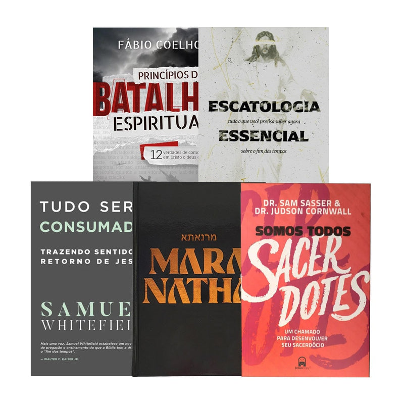 Kit Maranatha com uma Bíblia Maranatha e quatro livros de capa comum: 'Princípios de Batalha Espiritual', 'Escatologia Essencial', 'Tudo Será Consumado' e 'Somos Todos Sacerdotes'. — Plenitude