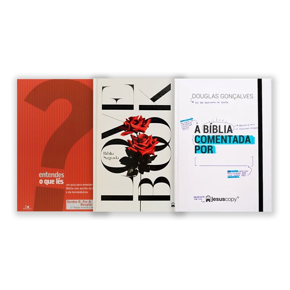 Kit de 3 livros: Entendes o que Lês (capa vermelha), The Love Book (capa branca com rosas vermelhas), A Bíblia Comentada Por (capa branca). — Plenitude