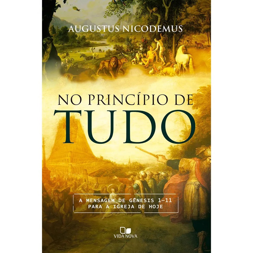 Livro No Princípio de Tudo, com capa colorida e detalhes em dourado, exibindo a lateral e a capa frontal. — Plenitude