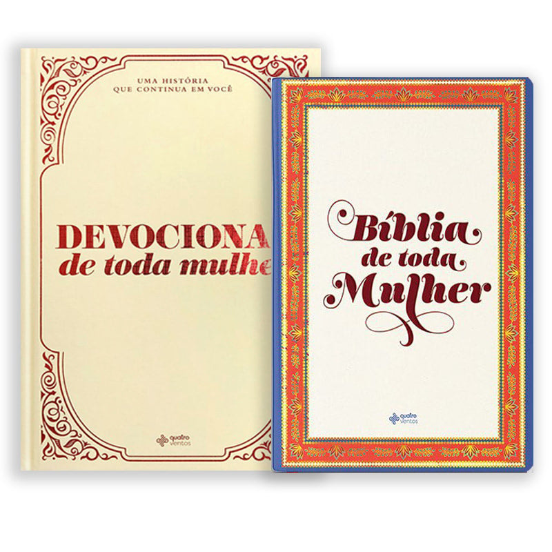 Kit de Toda Mulher Bíblia Floral e Devocional: Dois livros, um devocional bege e uma Bíblia com capa floral e borda azul. — Plenitude