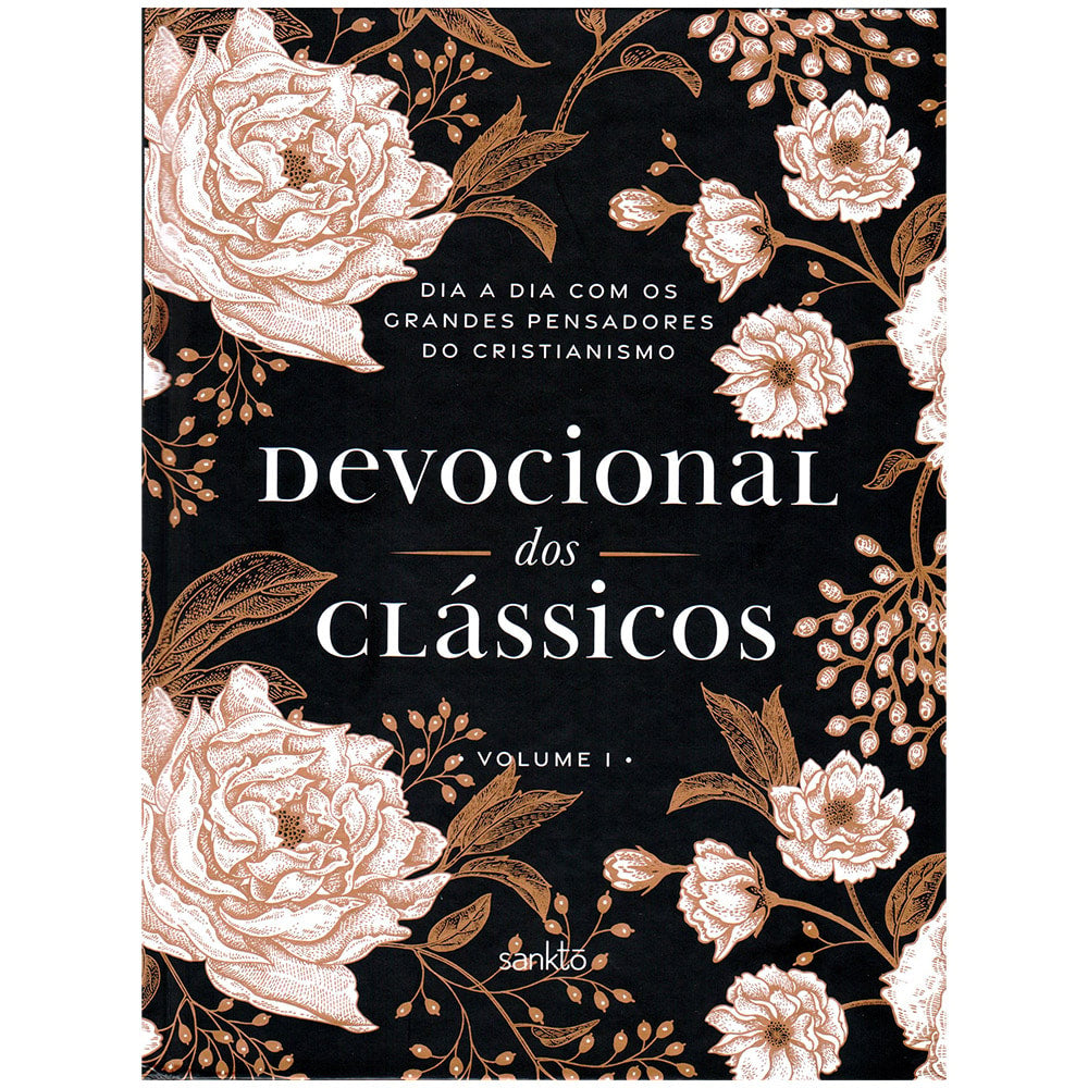 Livro "Devocional dos Clássicos Vol.1" capa dura floral, preta com flores e folhas douradas. — Plenitude