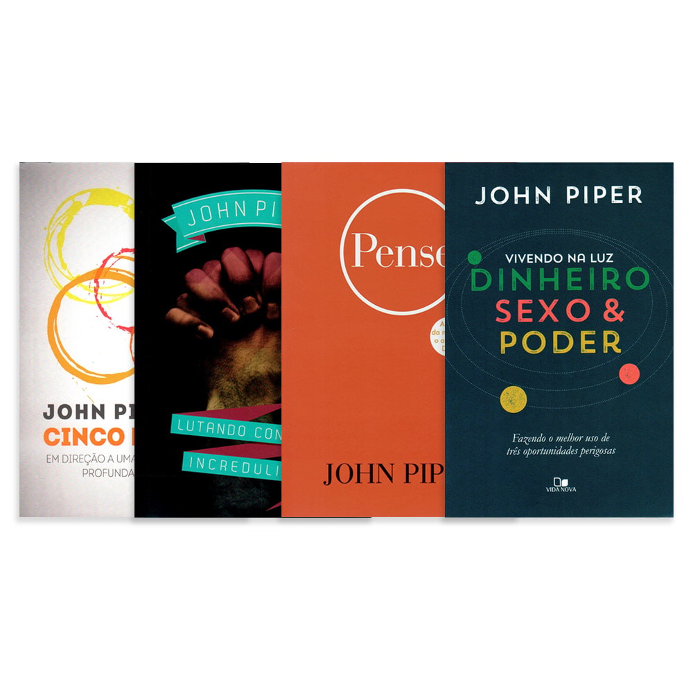 Kit de 4 livros "Pense" de John Piper, capas coloridas com círculos e texto. — Plenitude