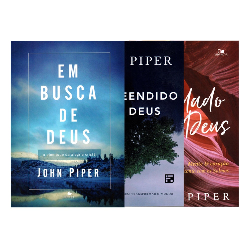 Kit de 3 livros de John Piper, "Buscando a Deus", com capas em tons de azul, verde e marrom. — Plenitude