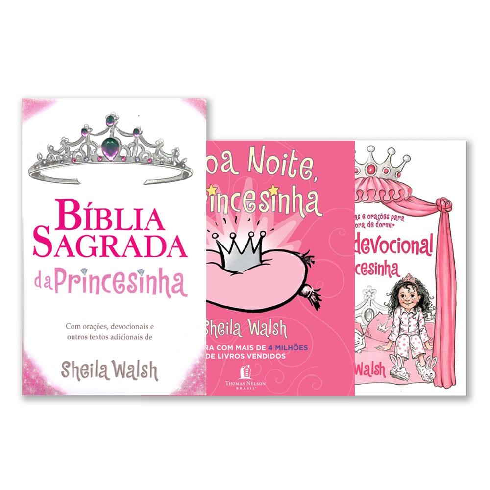 Kit de 3 livros "Princesinhas" de Sheila Walsh, capas rosa e branca com coroas. — Plenitude
