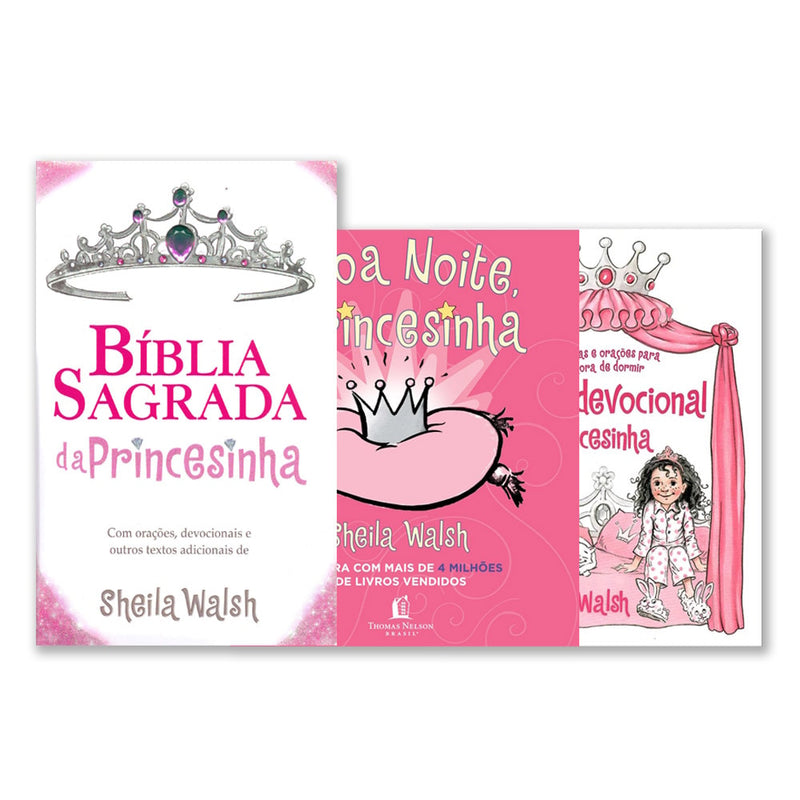 Kit de 3 livros "Princesinhas" de Sheila Walsh, capas rosa e branca com coroas. — Plenitude