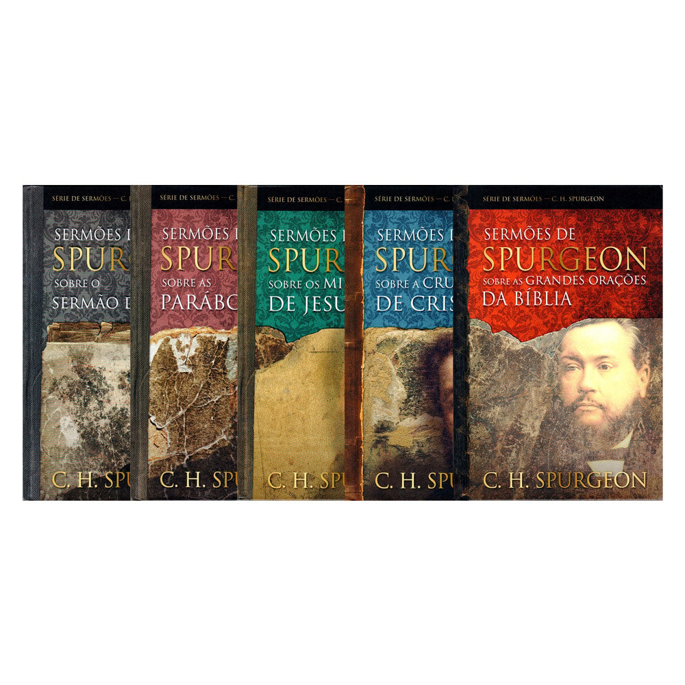 Kit de 5 livros da Série Sermões de Spurgeon, de C. H. Spurgeon. Capas com texturas antigas e retrato do autor. — Plenitude
