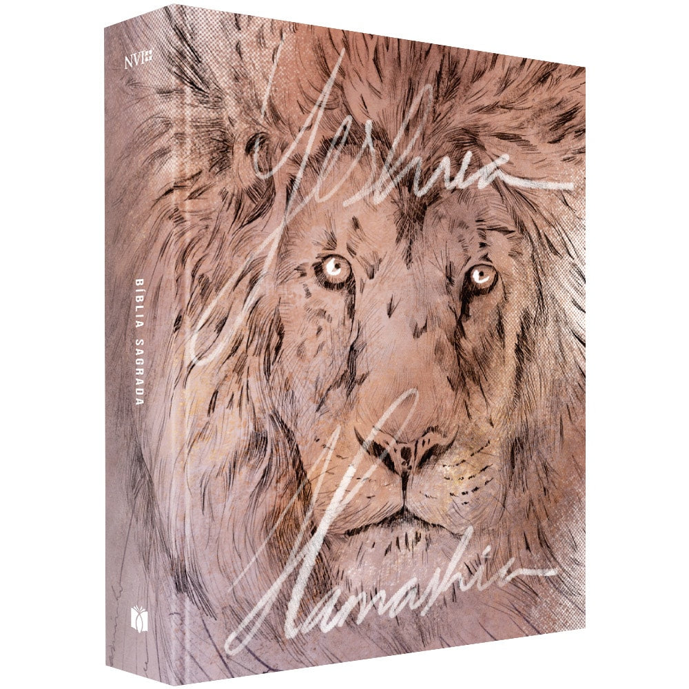 Bíblia Sagrada NVI capa dura Leão Yeshua, marrom e bege, com detalhes em branco e dourado. — Plenitude