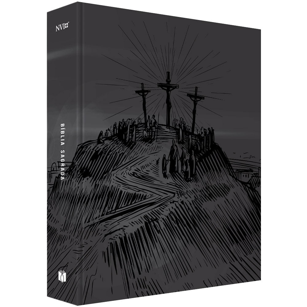 Bíblia Sagrada NVI Calvário, capa dura preta com ilustração de Jesus na cruz e pessoas, detalhes em branco. — Plenitude