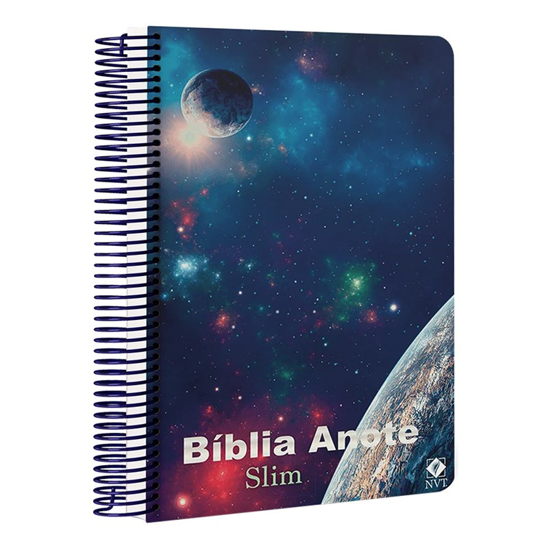 Bíblia Anote Slim NVT capa dura espiral com estampa de universo e planetas, letra normal. — Plenitude