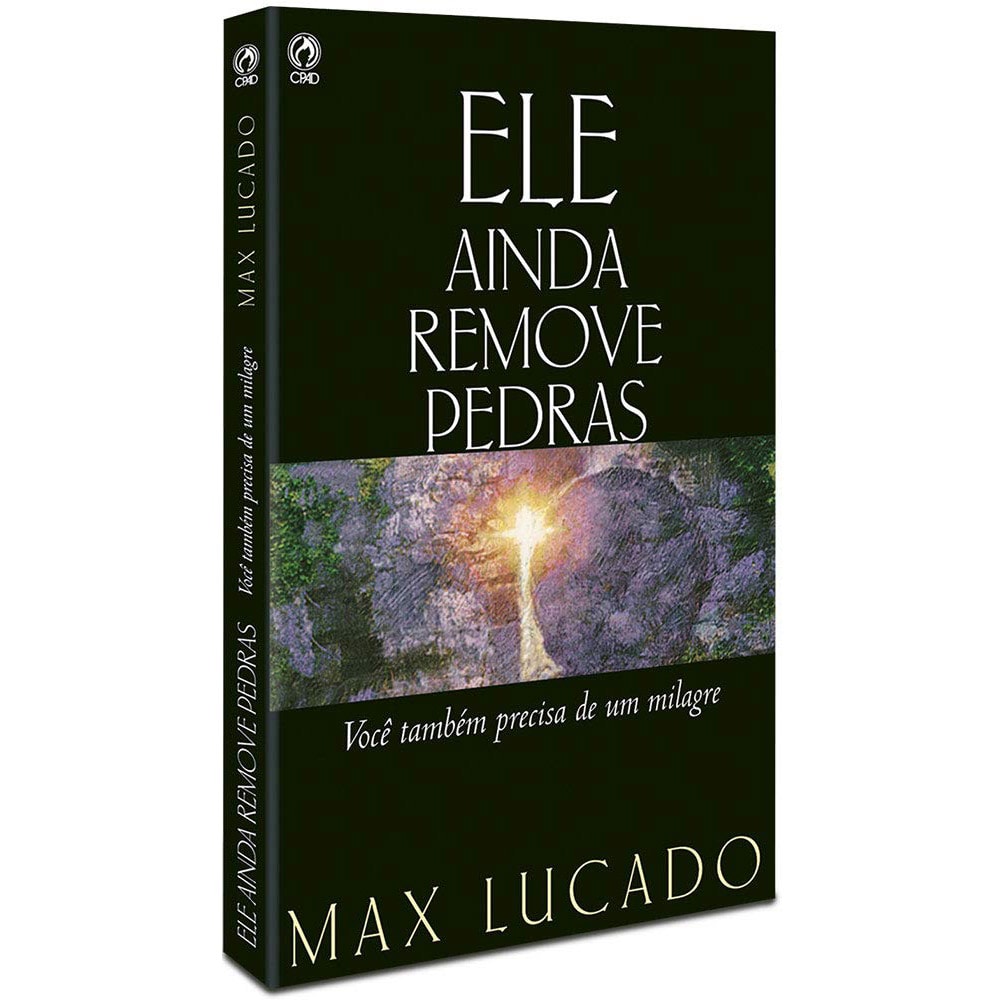 Livro Ele Ainda Remove Pedras de Max Lucado, capa preta com imagem de cachoeira. — Plenitude