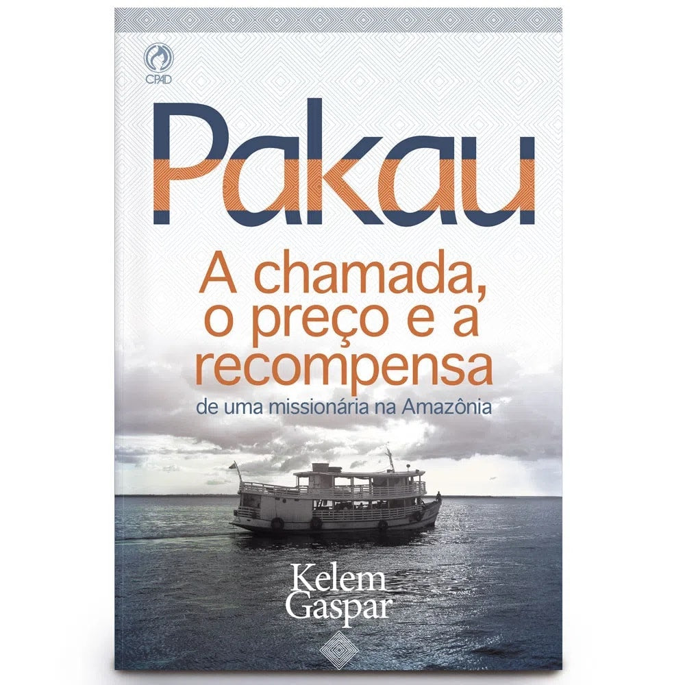 Livro Pakau de Kelem Gaspar, capa branca com barco no rio. — Plenitude