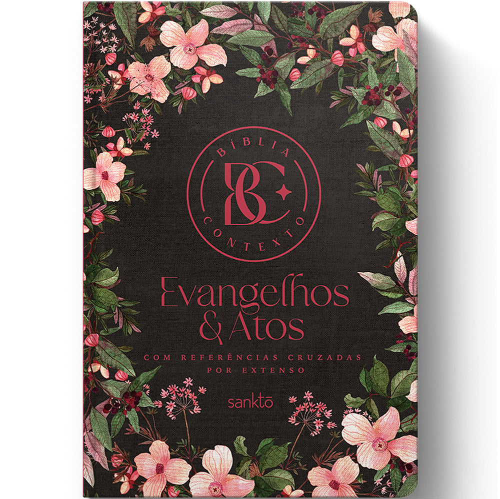 Bíblia Contexto Evangelhos & Atos NVT, capa dura floral escura com letras e detalhes em rosa. — Plenitude.