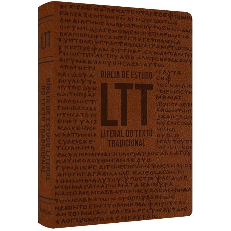 Bíblia de Estudo Literal do Texto Tradicional LTT, capa luxo marrom com letras antigas. — Plenitude