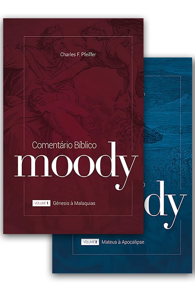 Kit Comentário Bíblico Moody Vol.1 e 2 de Charles F. Pfeiffer, capas em vermelho e azul com tipografia moderna. — Plenitude