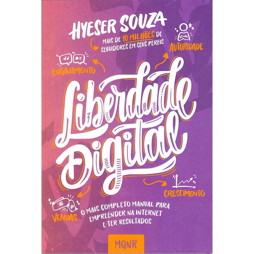 Livro Liberdade Digital, capa colorida em tons de rosa e roxo com texto branco e ilustrações. — Plenitude
