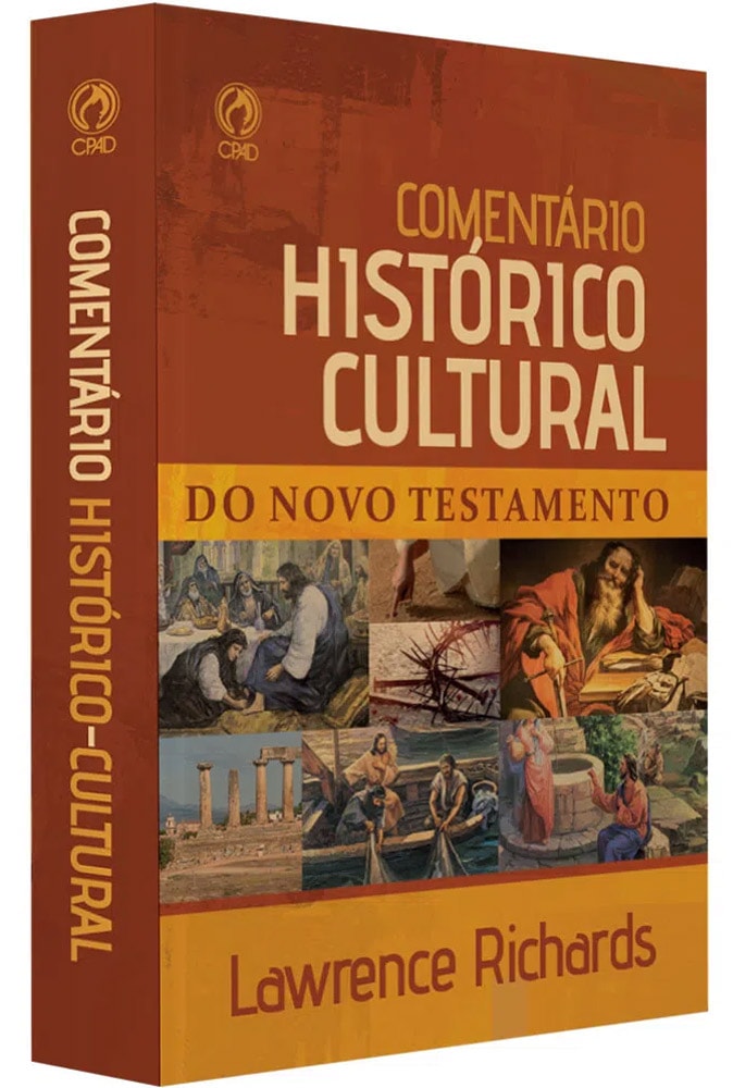 Livro Comentário Histórico Cultural do Novo Testamento de Lawrence Richards, capa marrom com cenas bíblicas. — Plenitude