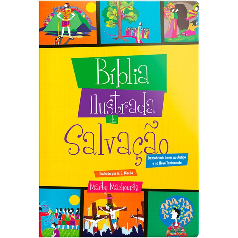 Capa dura da Bíblia Ilustrada da Salvação, com ilustrações coloridas de cenas bíblicas e título em roxo e verde. — Plenitude