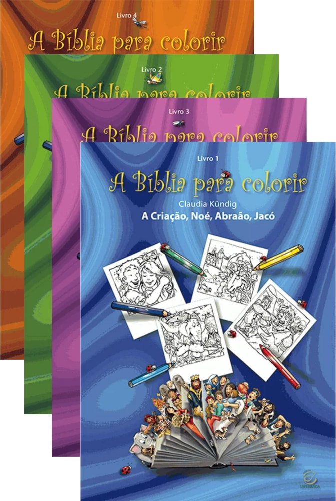 Kit de 4 Livros A Bíblia para Colorir de Claudia Kündig, com capas coloridas e ilustrações para colorir. — Plenitude