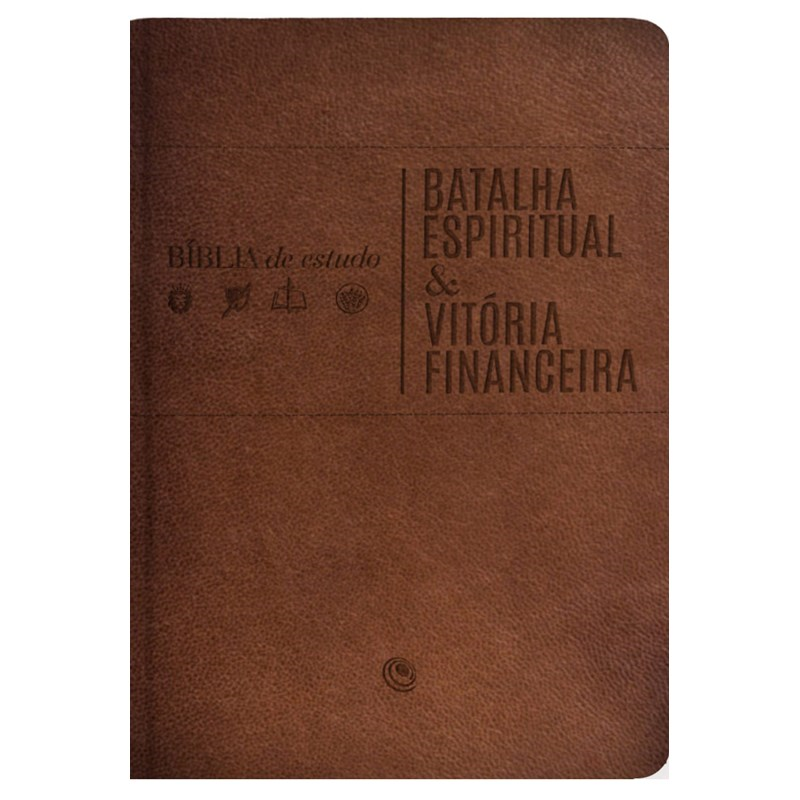 Bíblia de Estudo Batalha Espiritual e Vitória Financeira ARC, capa marrom com texto em relevo. — Plenitude