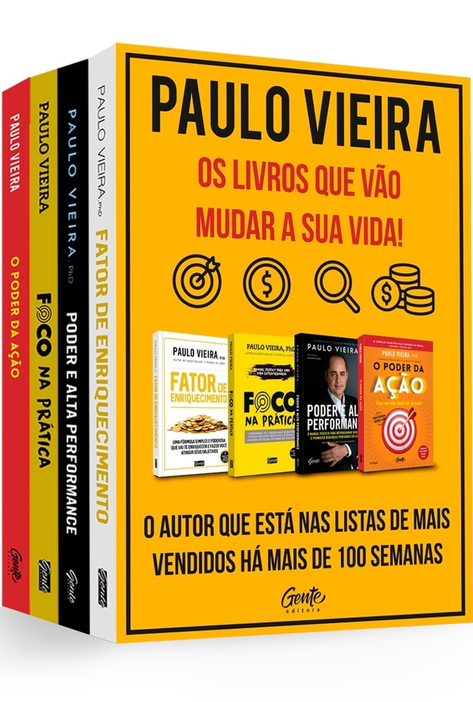 Box Paulo Vieira, conjunto de 4 livros com capas coloridas e caixa amarela. — Plenitude