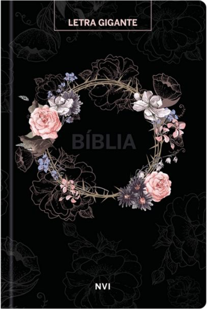 Bíblia Sagrada NVI Letra Gigante, capa preta com coroa floral colorida e detalhes em contorno. — Plenitude