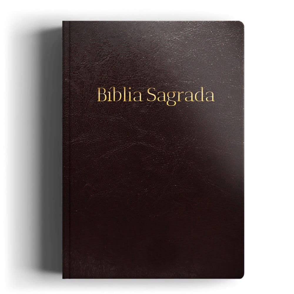 Bíblia Sagrada NVT, capa marrom lisa com textura de couro e letras douradas. — Plenitude.