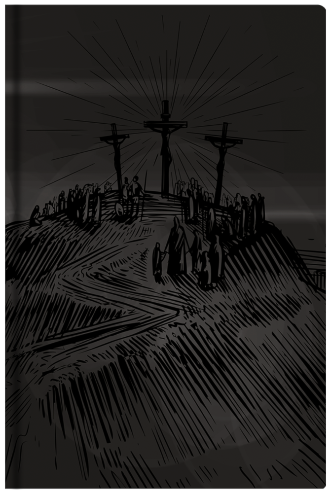 Capa dura da Bíblia Sagrada Calvário NVI, arte em preto e branco de Jesus na cruz com multidão. — Plenitude