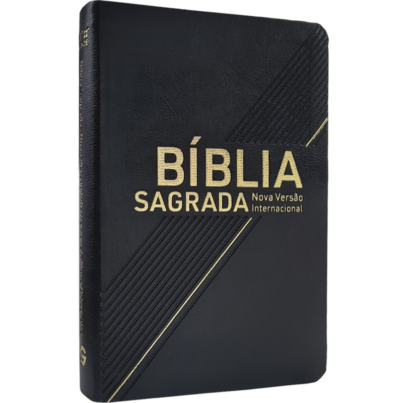 Bíblia Sagrada NVI, capa preta de couro luxo com detalhes dourados e letras douradas. — Plenitude