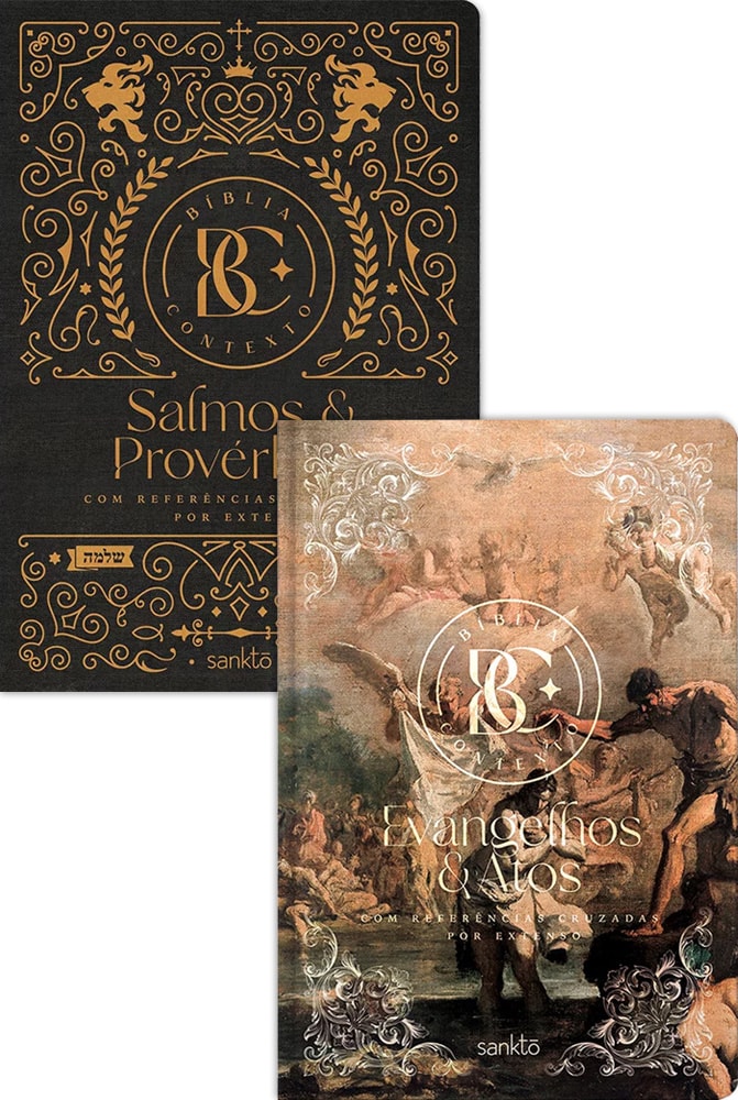 Kit Bíblia Contexto NVT Capa Dura Ornamentos Batismo, duas capas com ornamentos dourados e pintura clássica. — Plenitude