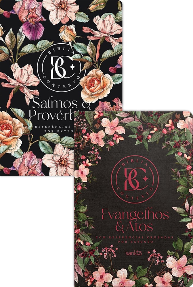 Kit Bíblia Contexto NVT Capa Dura Floral, duas capas com fundo preto e flores coloridas. — Plenitude