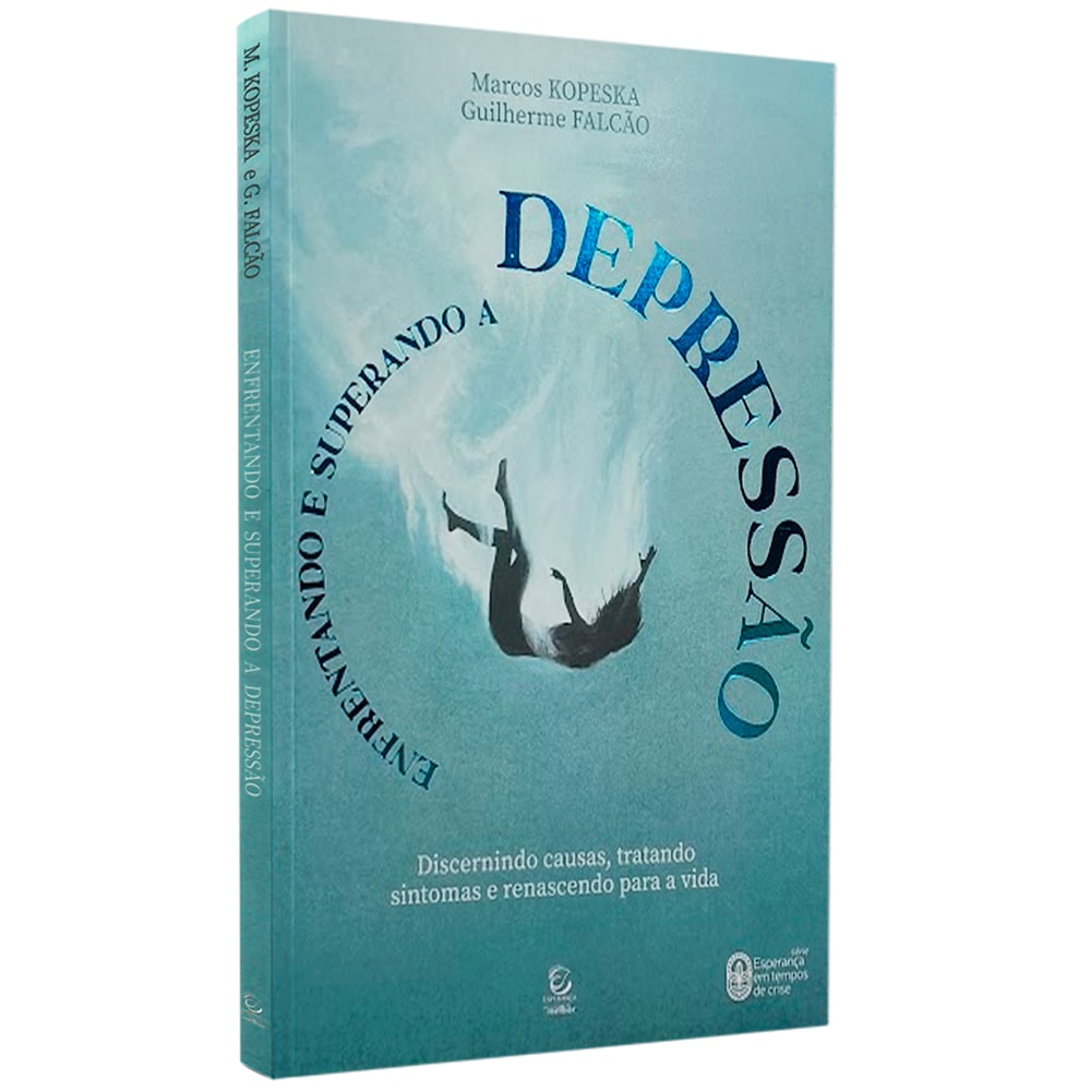 Livro de capa mole, Enfrentando e Superando a Depressão, com capa azul clara e imagem de uma pessoa caindo em um círculo. — Plenitude