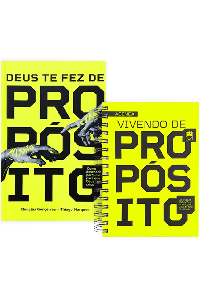 Kit de livro e agenda Vivendo de Propósito, de Douglas Gonçalves e Thiago Marques. Capas em amarelo neon. — Plenitude