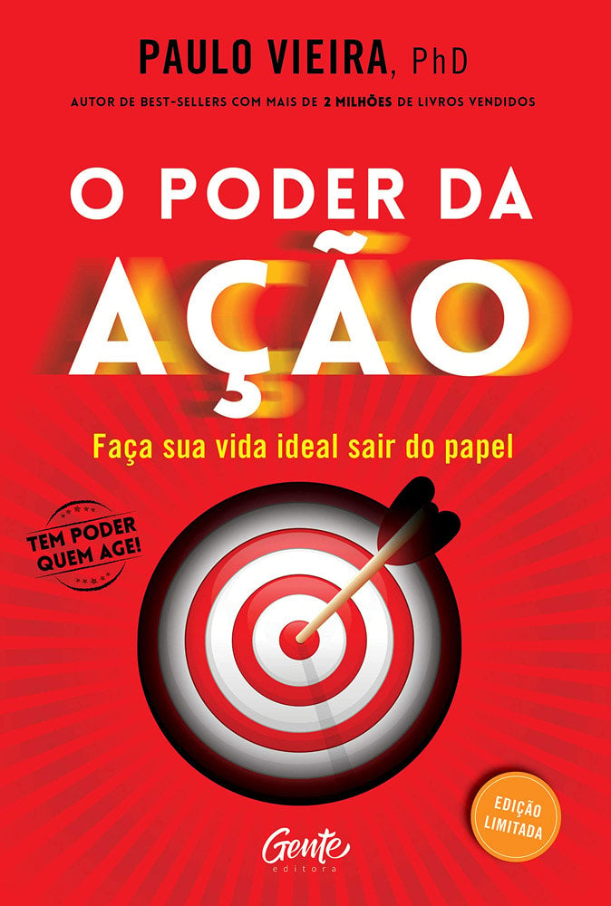 Livro O Poder da Ação (Edição Limitada) de Paulo Vieira, capa vermelha com alvo e flecha. — Plenitude