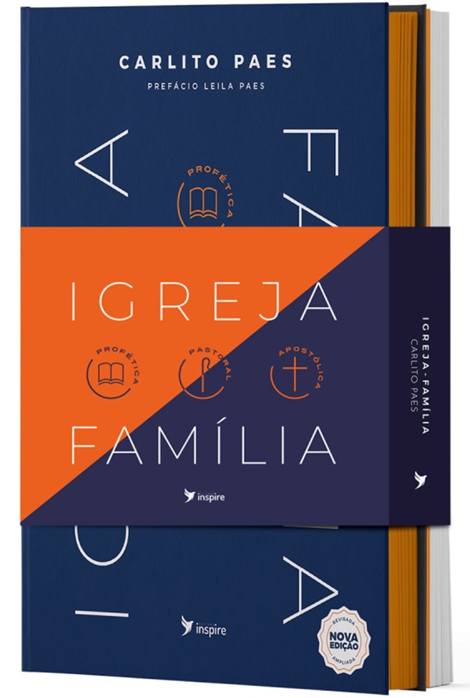 Kit Igreja Família | Carlitos Paes, com um livro de capa dura, azul e laranja, com design geométrico. — Plenitude