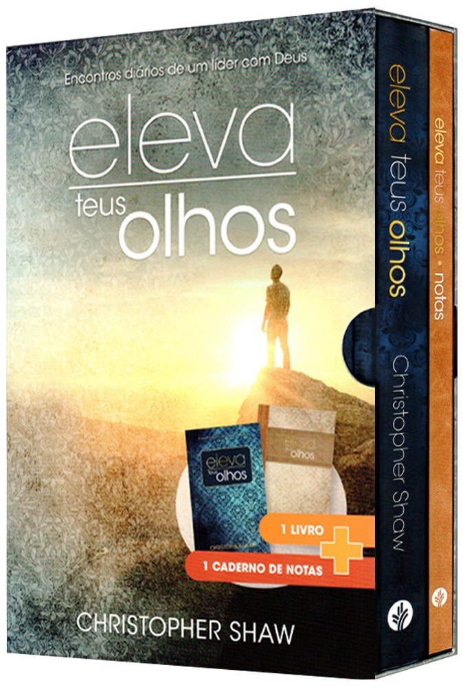 Box Eleva teus Olhos, com livro e caderno de notas, capa com pessoa em montanha. — Plenitude