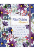 Planner Pão Diário, capa com estampa floral em tons de roxo e azul, e citação bíblica. — Plenitude