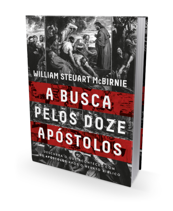 Livro "A Busca pelos Doze Apóstolos" de William Steuart McBirnie. Capa preta e vermelha com ilustração de cena bíblica. — Plenitude
