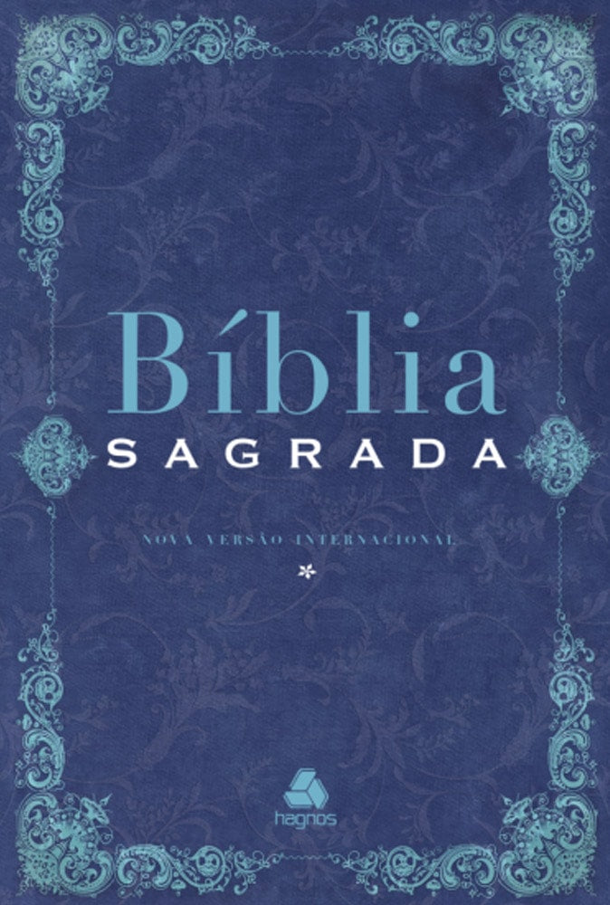 Capa azul-marinho da Bíblia Sagrada NVI, com bordas ornamentadas em azul-claro e detalhes florais. — Plenitude