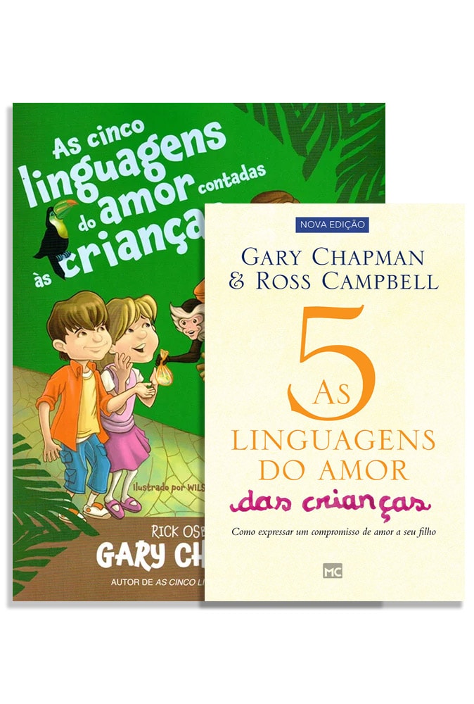 Kit As 5 Linguagens do Amor para Crianças de Gary Chapman, capas verdes e brancas com ilustrações infantis. — Plenitude